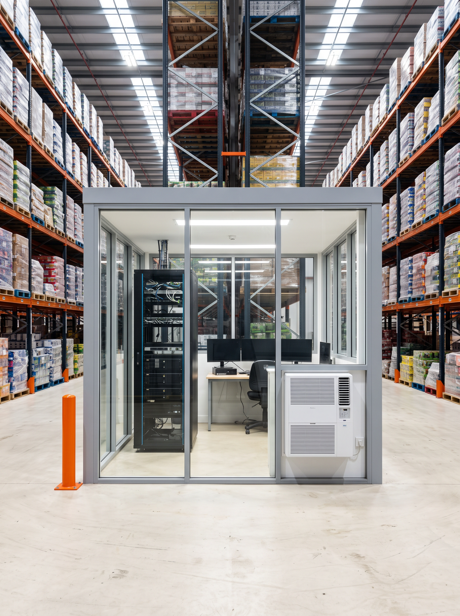 Glazed warehouse control room with server rack and cooling unit between pallet racking