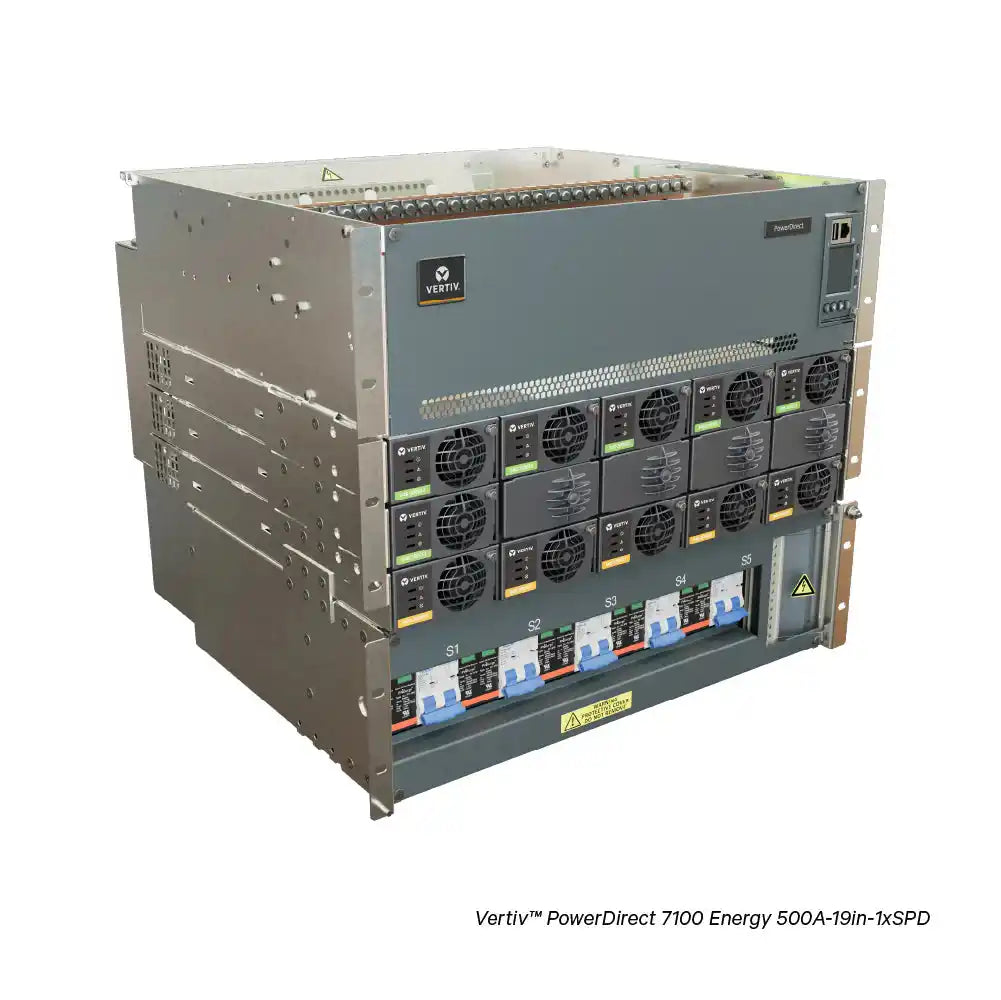 Vertiv™ PowerDirect 7100 Energy -48V DC Energy Management Solutions, power cabinet front-facing angled view