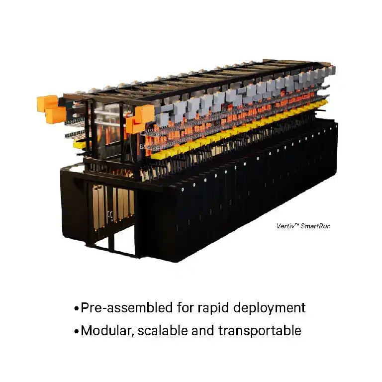 Vertiv™ SmartRun, Modular Prefabricated Infrastructure System, angled 3-quarter view of complete modular system assembly