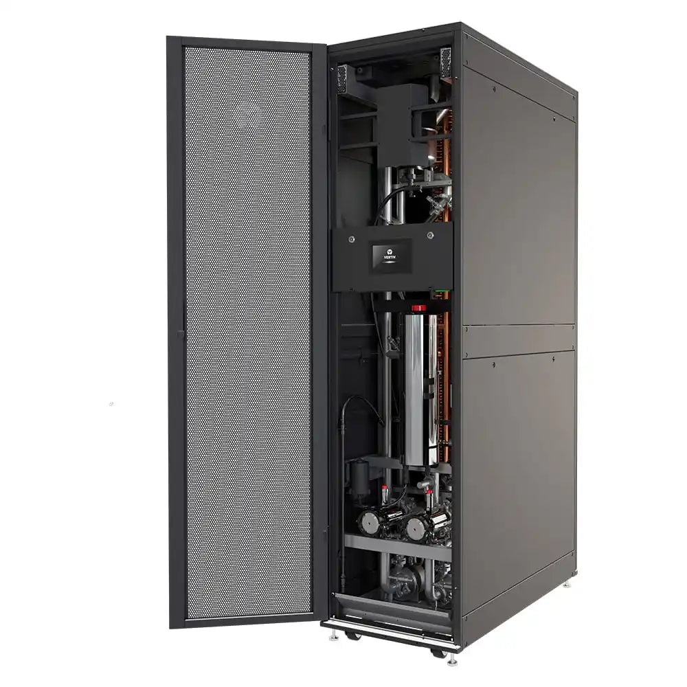 Vertiv™ CoolChip CDU, angled view of dark cabinet cooling unit